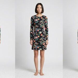 🖤NATORI Cruz Dragon Flower Fantasy Print Black long Sleeve Slip dress XL NWOT